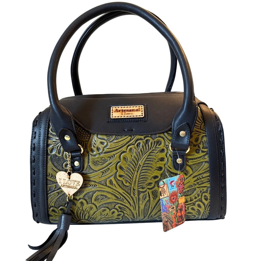 Handmade Tooled Vegan Leather Satchel Olive Green Shoulder Bag Large Women‎